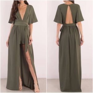 TOBI Rebecca Romper in Olive Green Maxi Skirt Deep V-Neck and Open Back Size XS